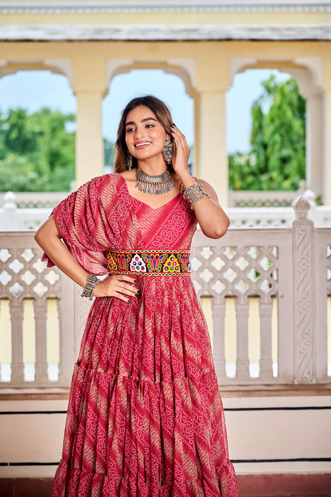 Women’s Bandhani Print Faux Georgette Gown with Gamathi Work & Real Mirror SurMira Fashion