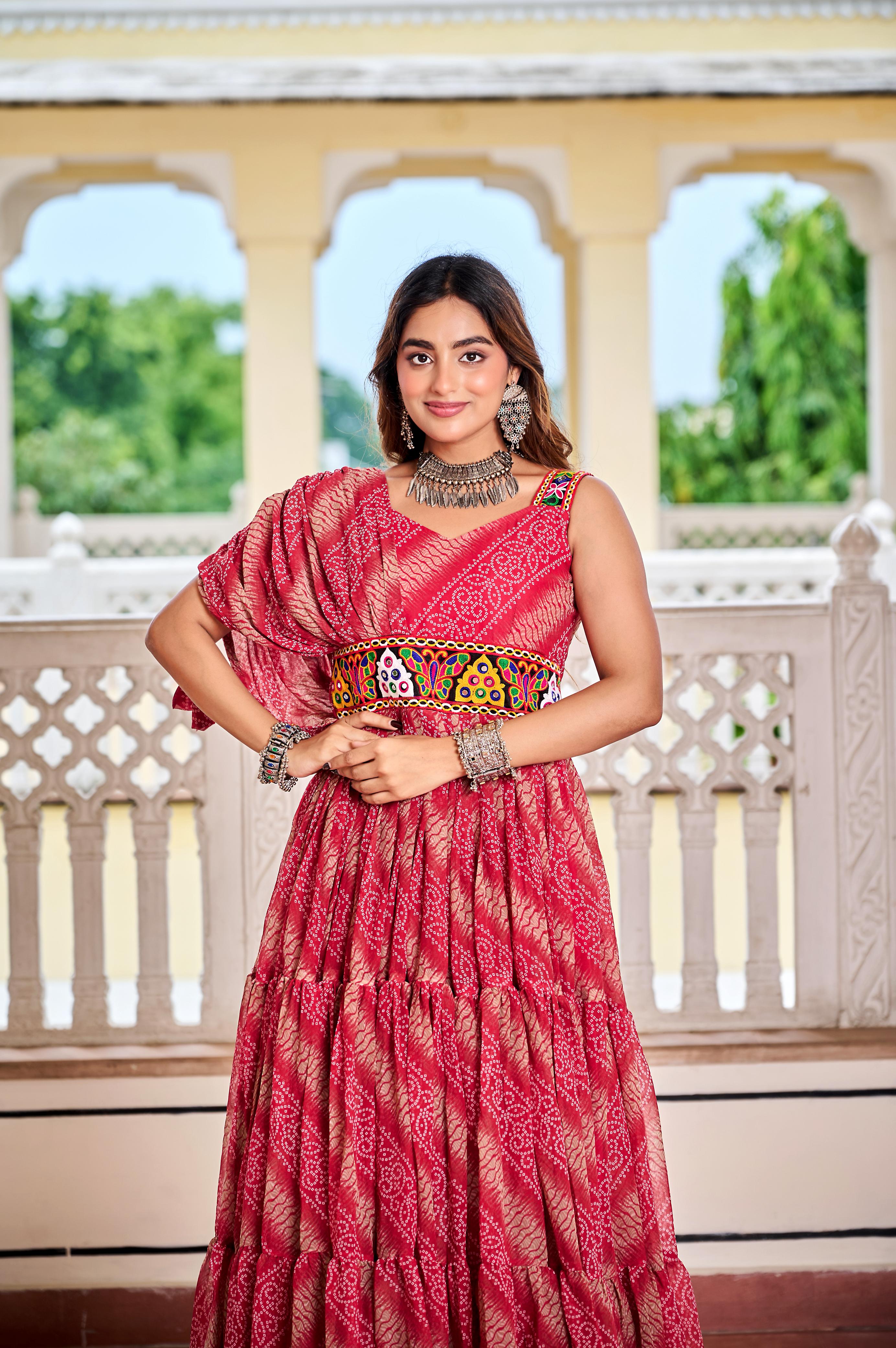 Women’s Bandhani Print Faux Georgette Gown with Gamathi Work & Real Mirror SurMira Fashion