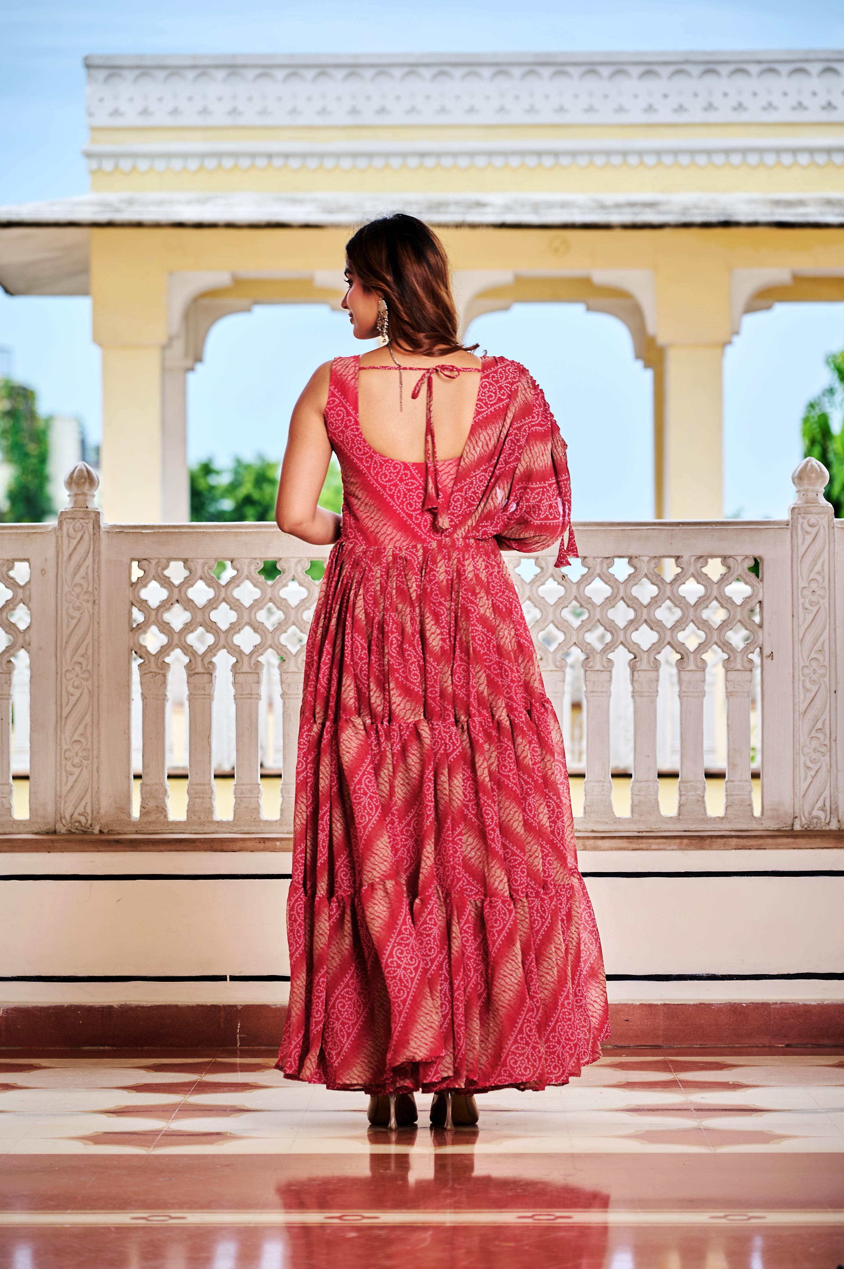 Women’s Bandhani Print Faux Georgette Gown with Gamathi Work & Real Mirror SurMira Fashion