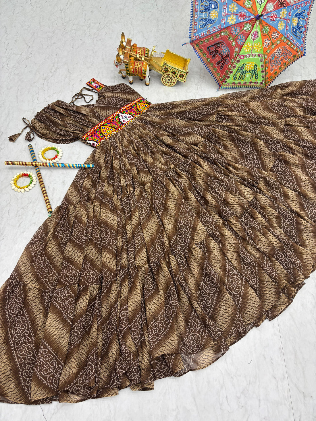 Women’s Bandhani Print Faux Georgette Gown with Gamathi Work & Real Mirror SurMira Fashion