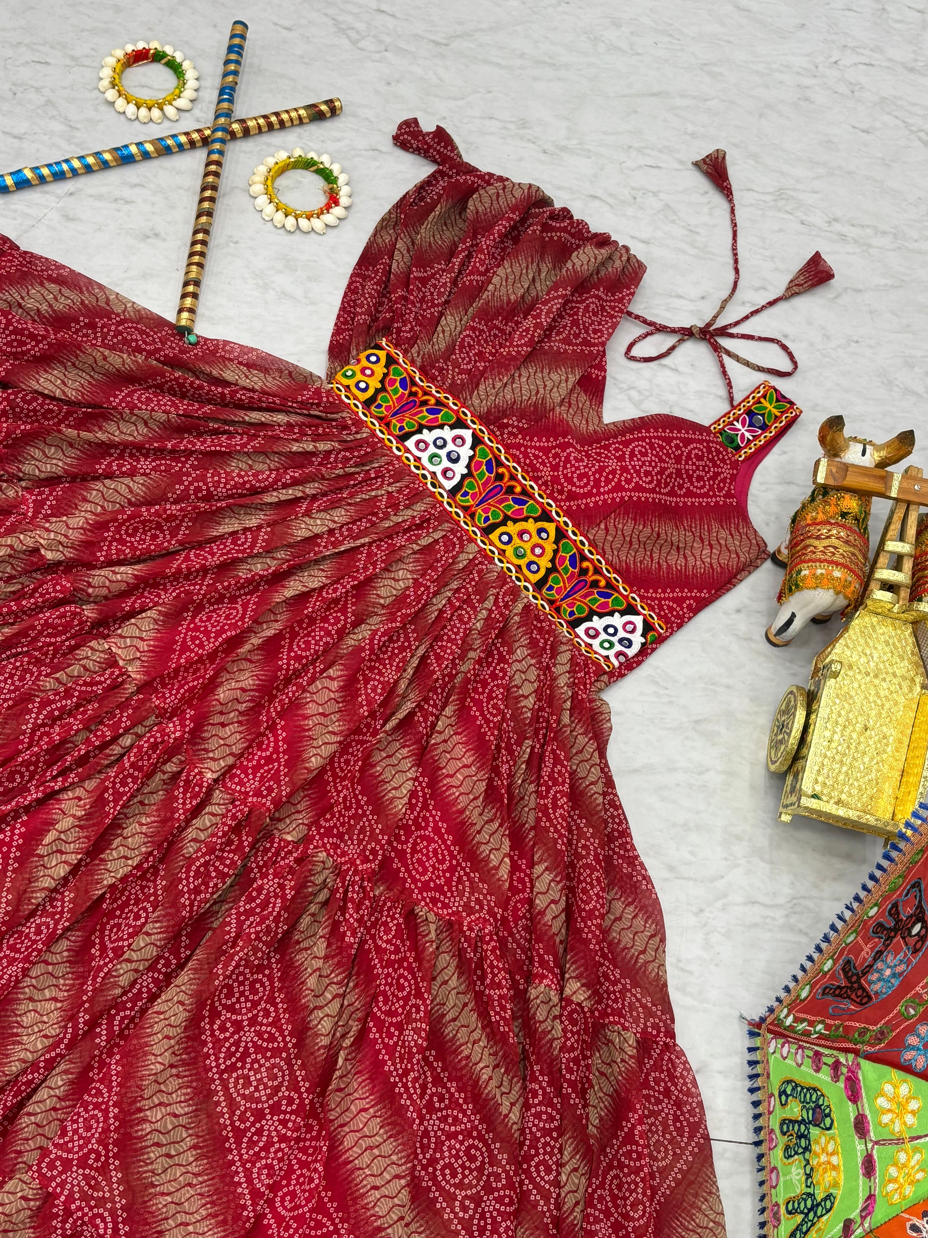 Women’s Bandhani Print Faux Georgette Gown with Gamathi Work & Real Mirror SurMira Fashion