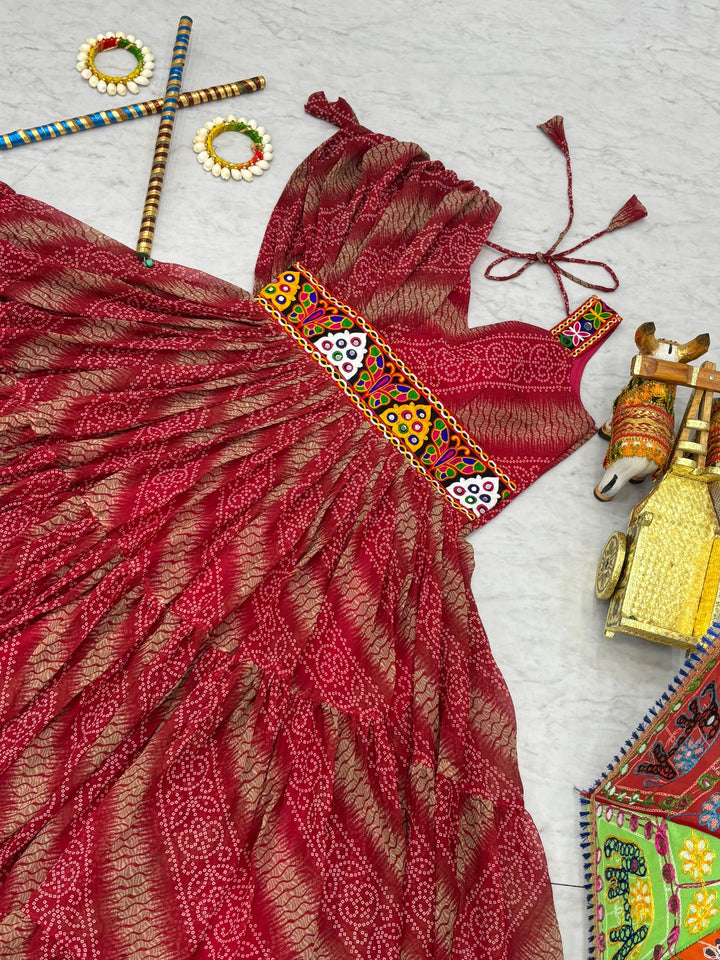 Women’s Bandhani Print Faux Georgette Gown with Gamathi Work & Real Mirror SurMira Fashion