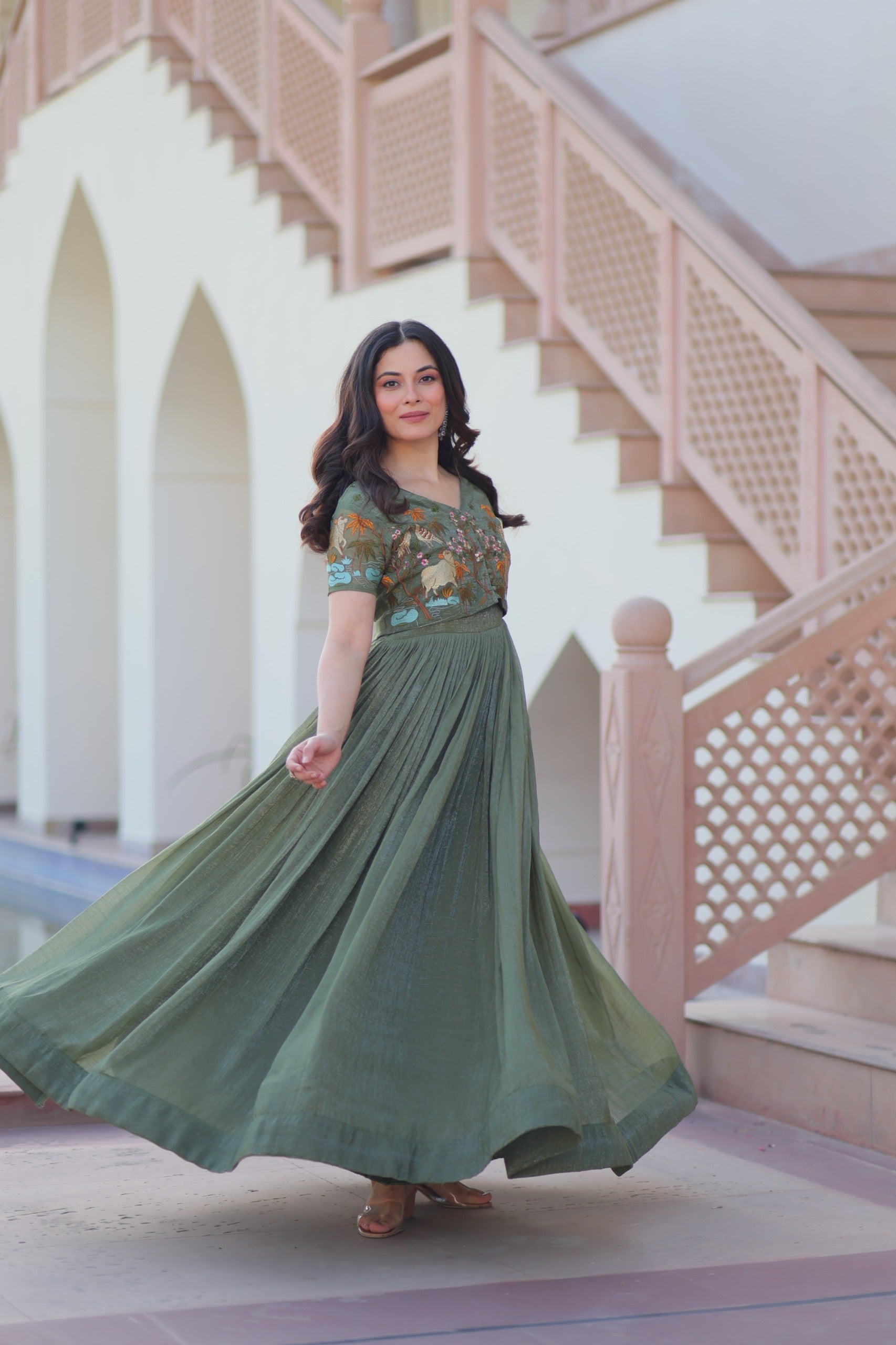 Women’s Silver Crunchy Fabric Gown with Embroidered Koti SurMira Fashion