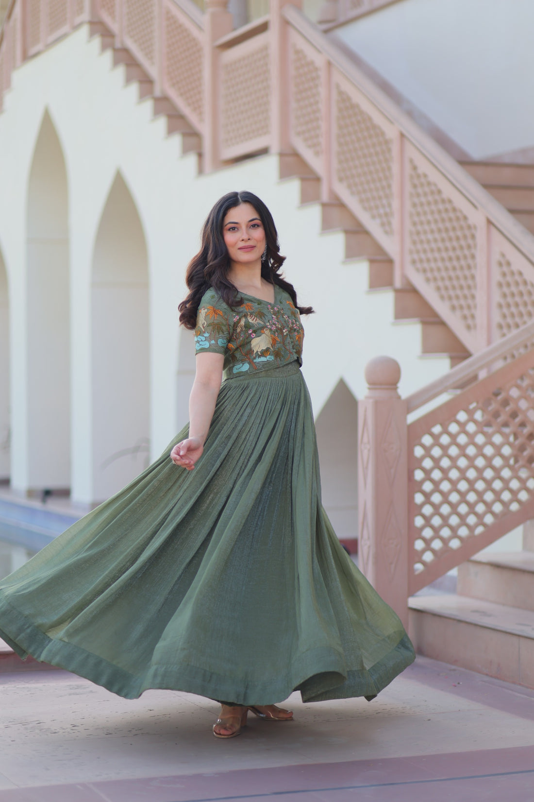 Women’s Silver Crunchy Fabric Gown with Embroidered Koti SurMira Fashion