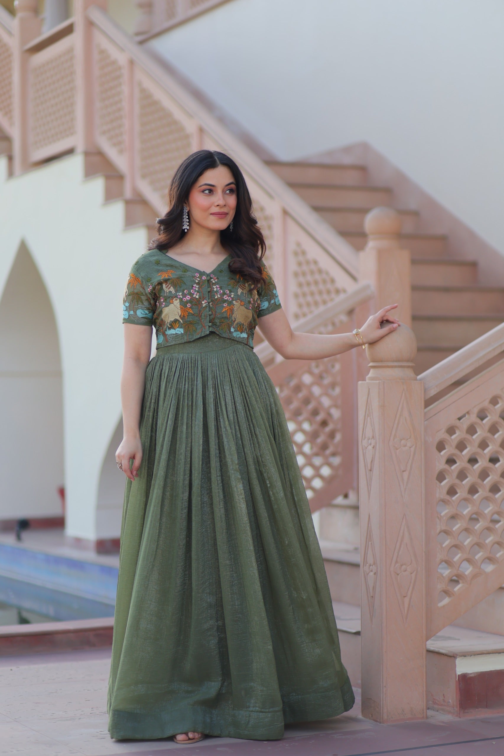 Women’s Silver Crunchy Fabric Gown with Embroidered Koti SurMira Fashion