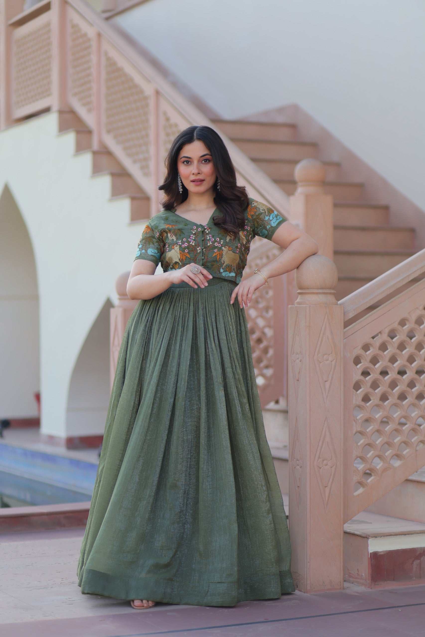 Women’s Silver Crunchy Fabric Gown with Embroidered Koti SurMira Fashion