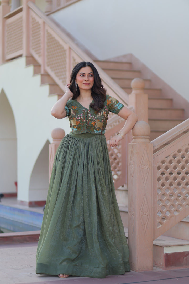 Women’s Silver Crunchy Fabric Gown with Embroidered Koti SurMira Fashion