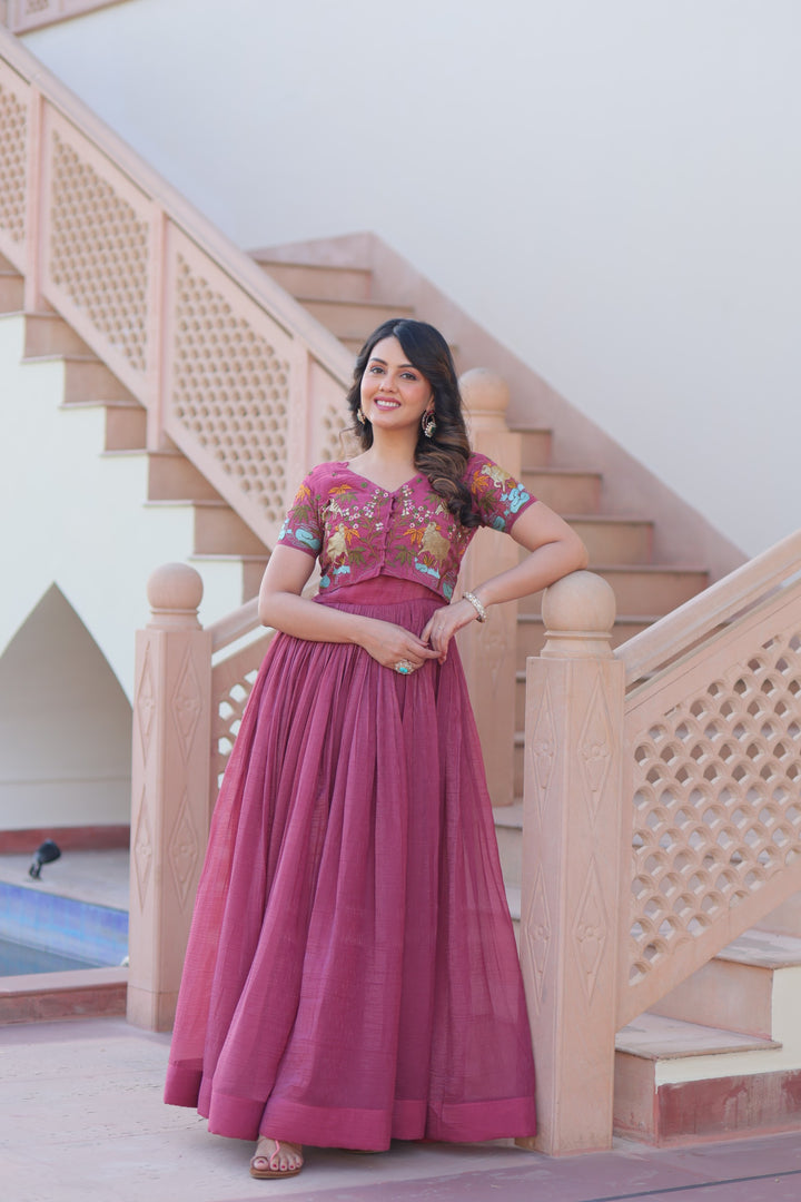 Women’s Silver Crunchy Fabric Gown with Embroidered Koti SurMira Fashion