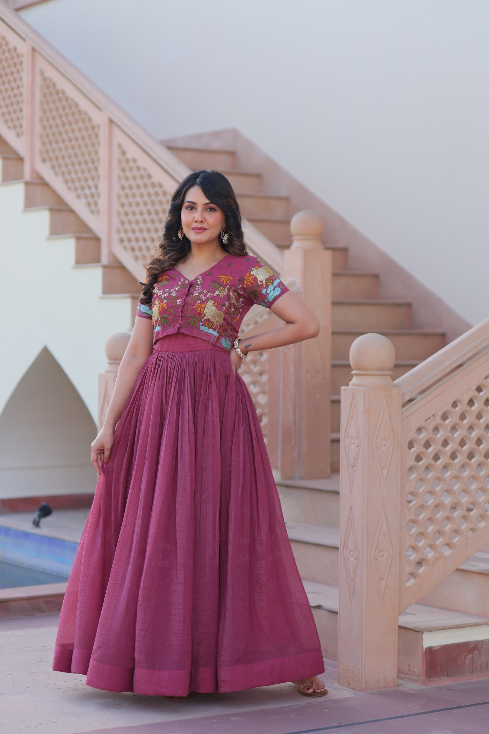 Women’s Silver Crunchy Fabric Gown with Embroidered Koti SurMira Fashion