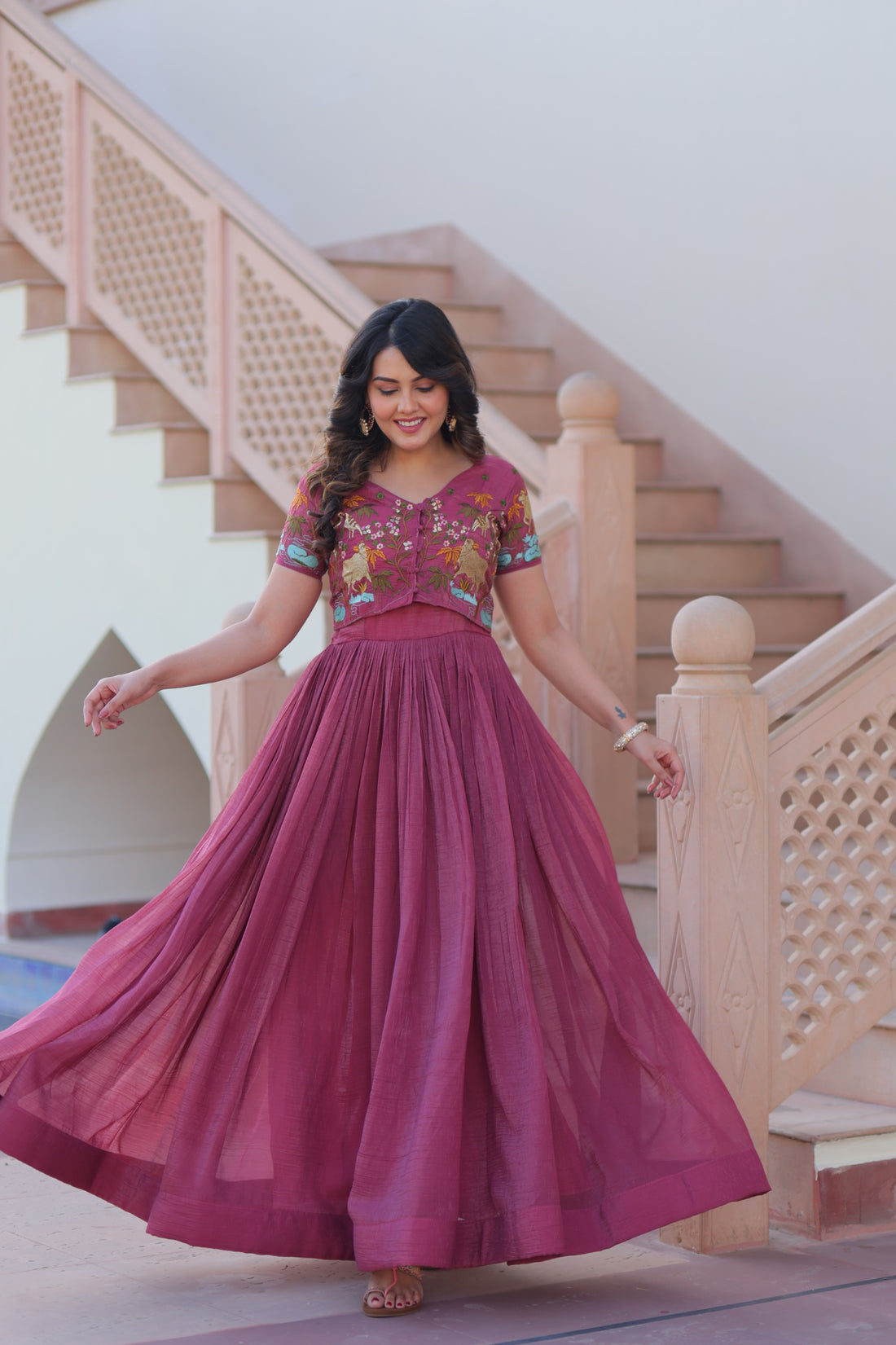 Women’s Silver Crunchy Fabric Gown with Embroidered Koti SurMira Fashion