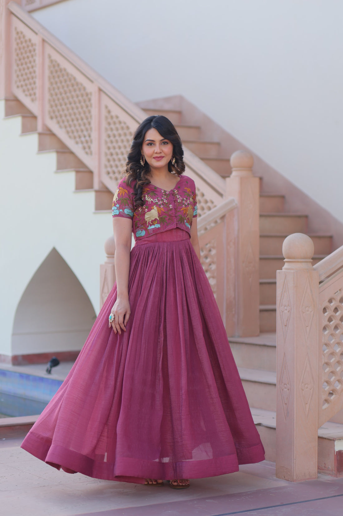Women’s Silver Crunchy Fabric Gown with Embroidered Koti SurMira Fashion