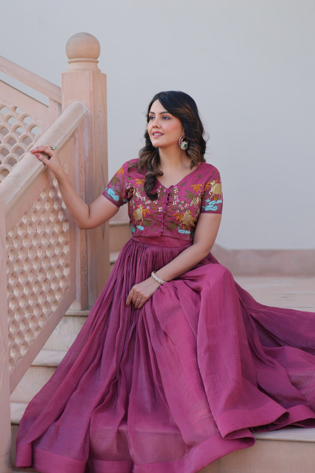 Women’s Silver Crunchy Fabric Gown with Embroidered Koti SurMira Fashion