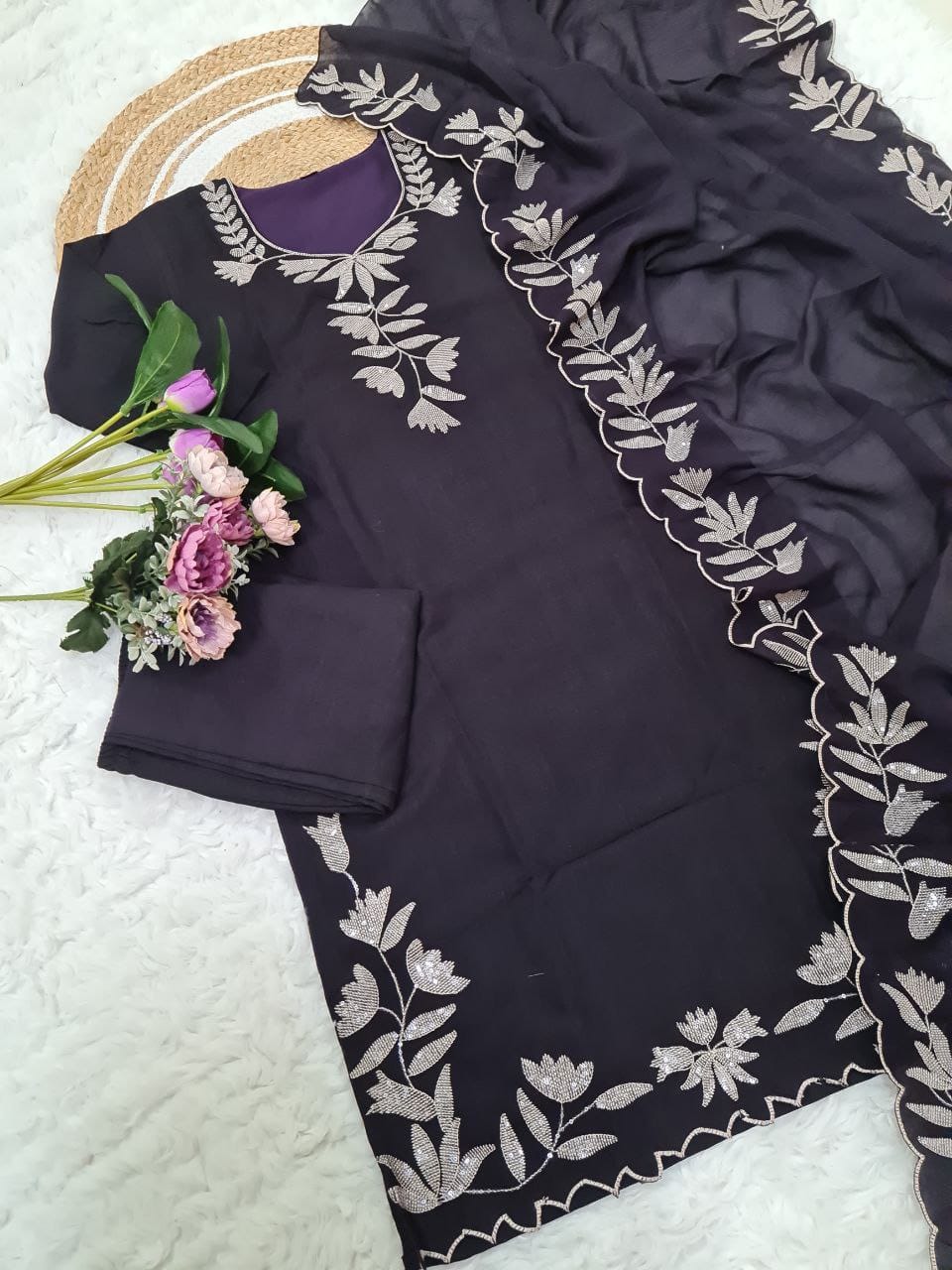 Women’s Pure Vichitra Silk Kurti Pant Set with Sequence Embroidery & Dupatta SurMira Fashion