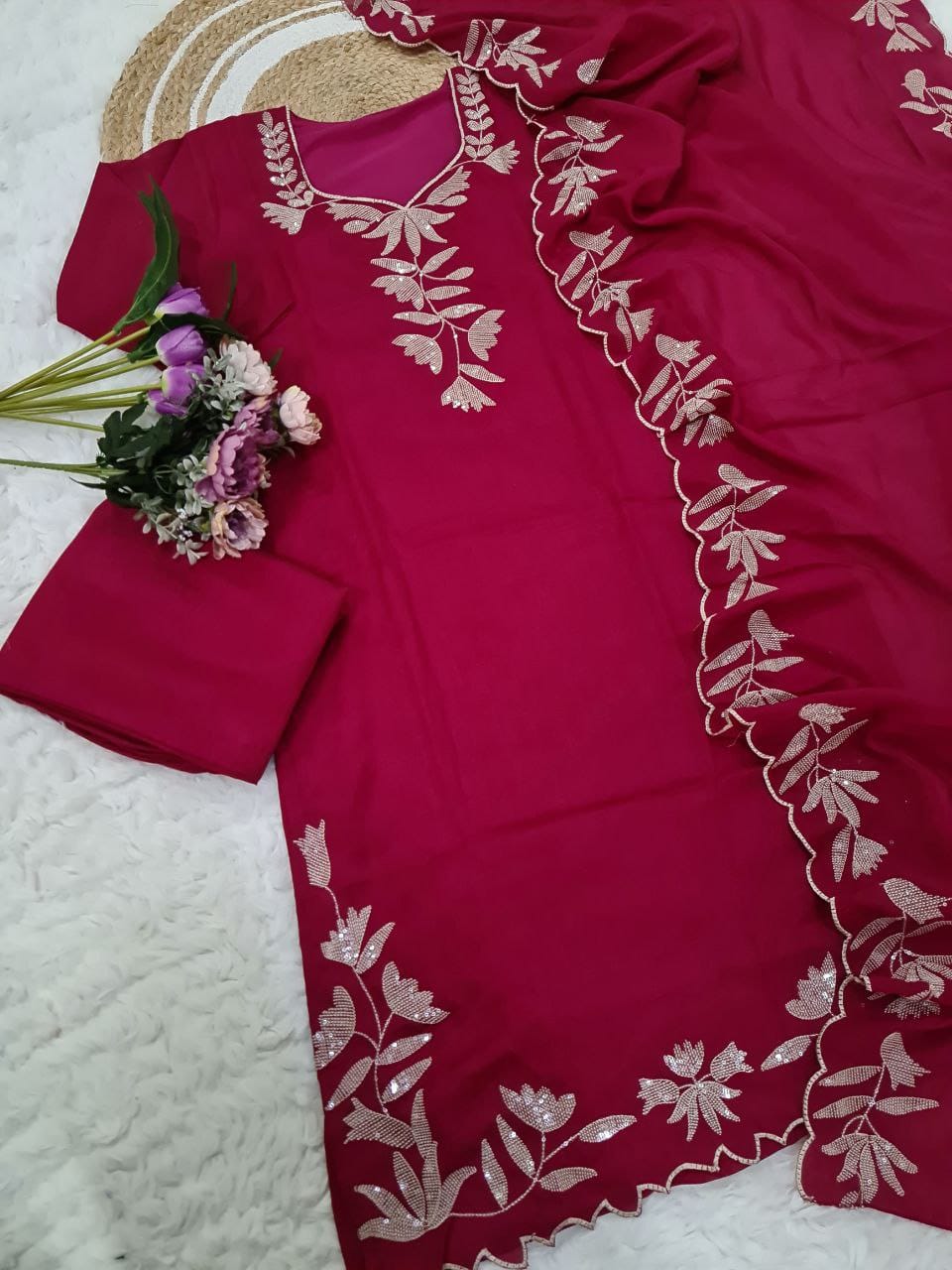 Women’s Pure Vichitra Silk Kurti Pant Set with Sequence Embroidery & Dupatta SurMira Fashion