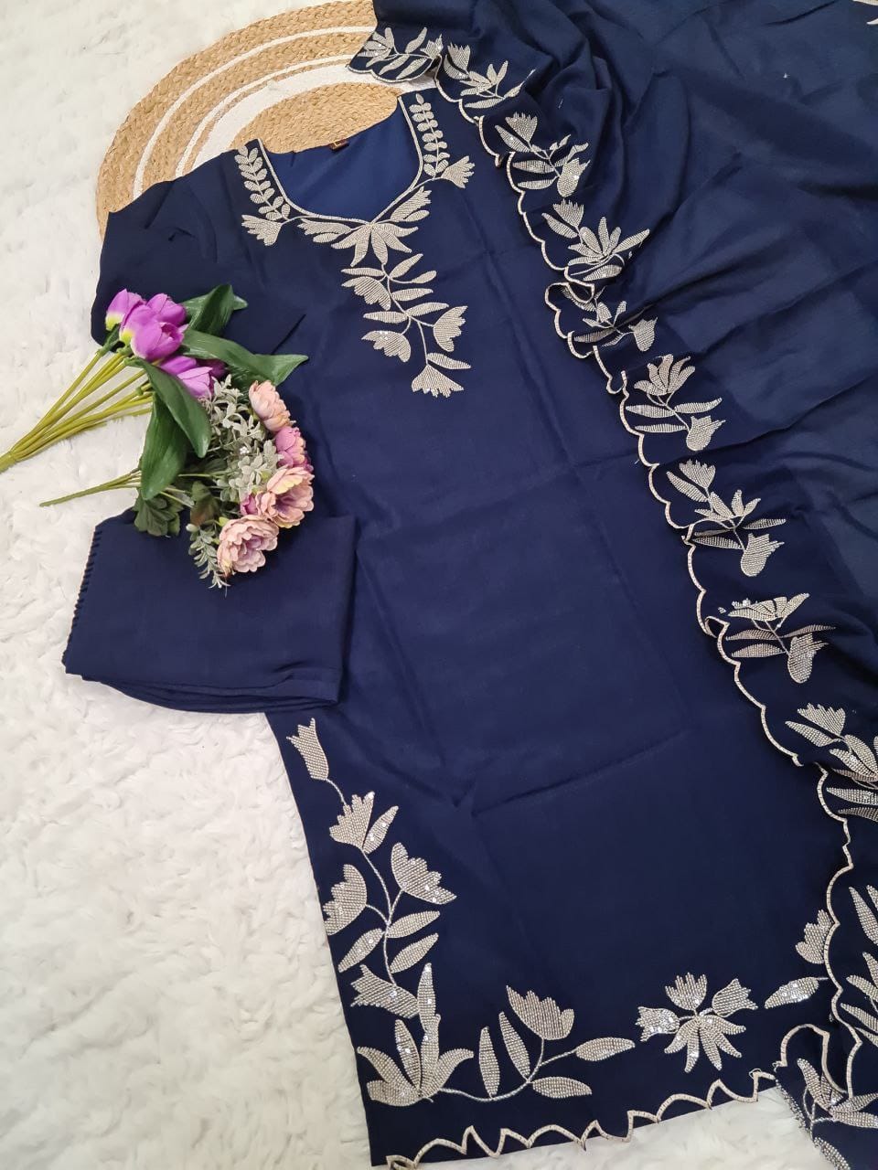 Women’s Pure Vichitra Silk Kurti Pant Set with Sequence Embroidery & Dupatta SurMira Fashion