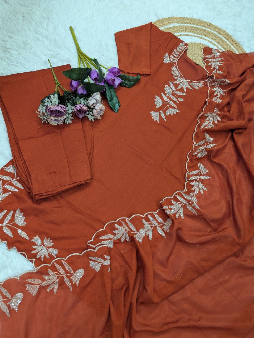 Women’s Pure Vichitra Silk Kurti Pant Set with Sequence Embroidery & Dupatta SurMira Fashion