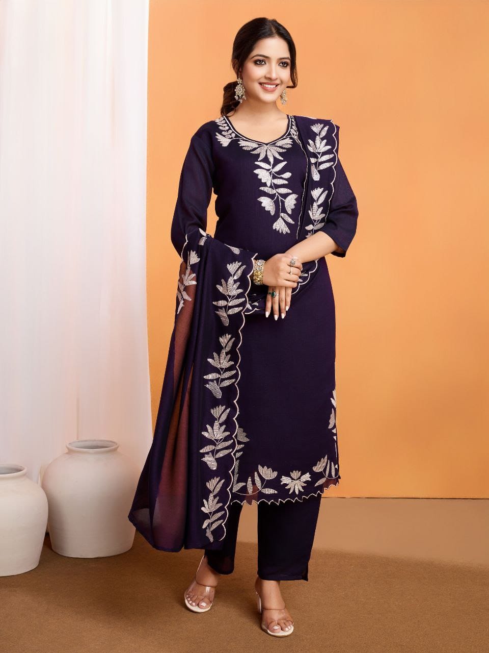 Women’s Pure Vichitra Silk Kurti Pant Set with Sequence Embroidery & Dupatta SurMira Fashion