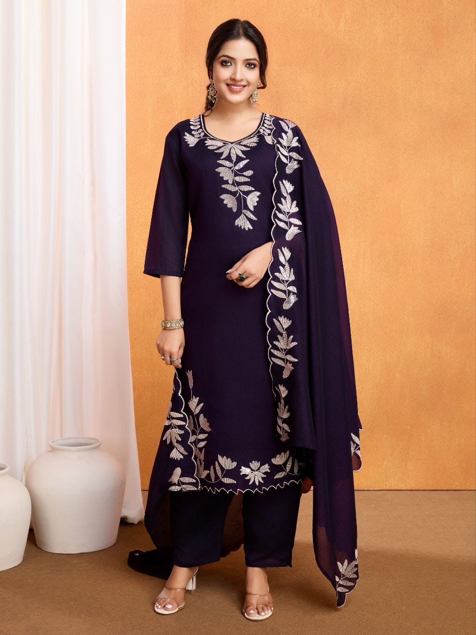 Women’s Pure Vichitra Silk Kurti Pant Set with Sequence Embroidery & Dupatta SurMira Fashion
