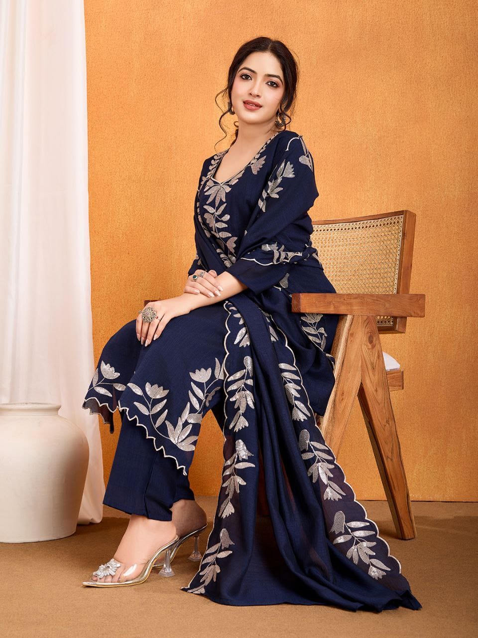 Women’s Pure Vichitra Silk Kurti Pant Set with Sequence Embroidery & Dupatta SurMira Fashion
