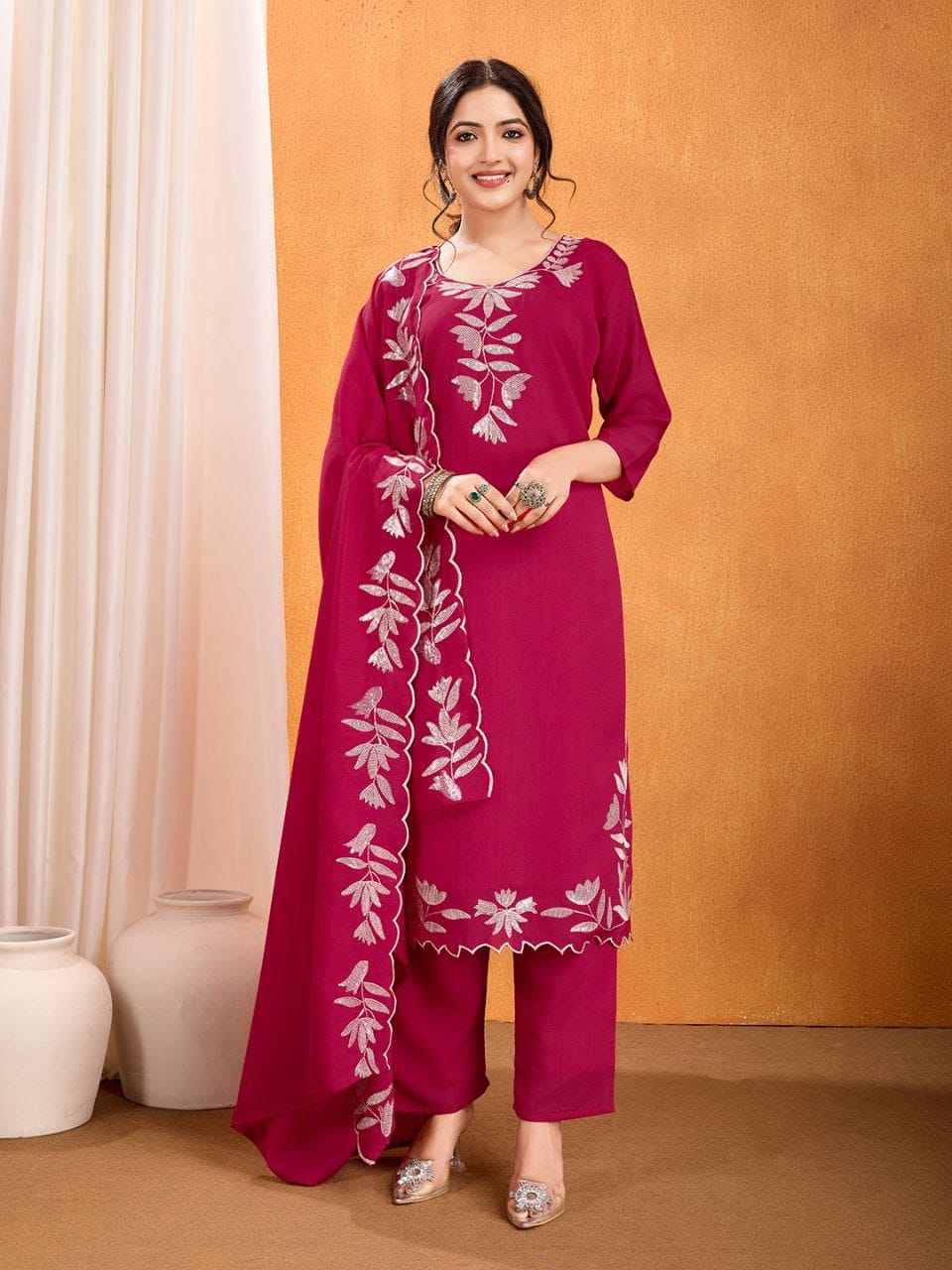 Women’s Pure Vichitra Silk Kurti Pant Set with Sequence Embroidery & Dupatta SurMira Fashion