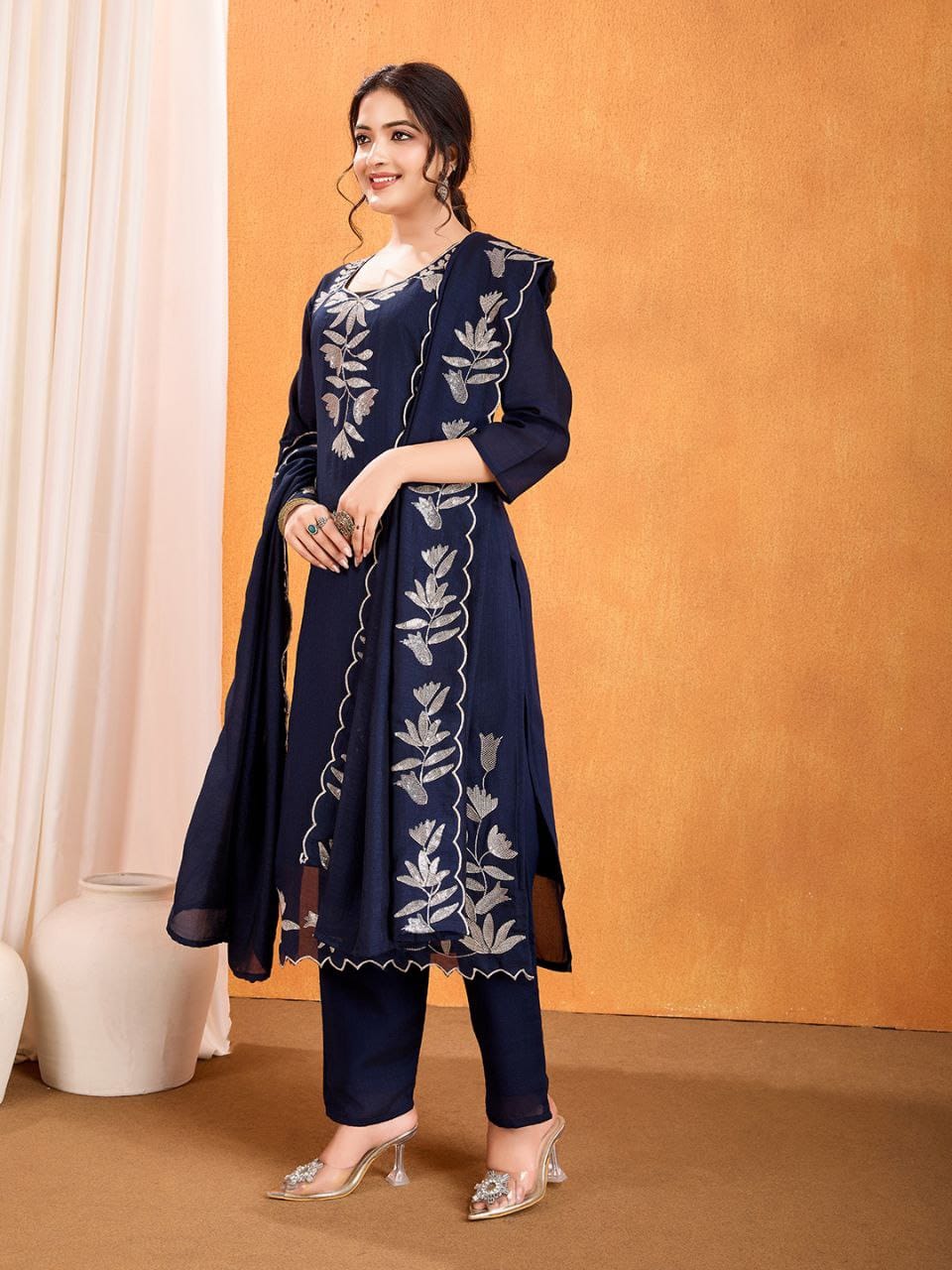 Women’s Pure Vichitra Silk Kurti Pant Set with Sequence Embroidery & Dupatta SurMira Fashion
