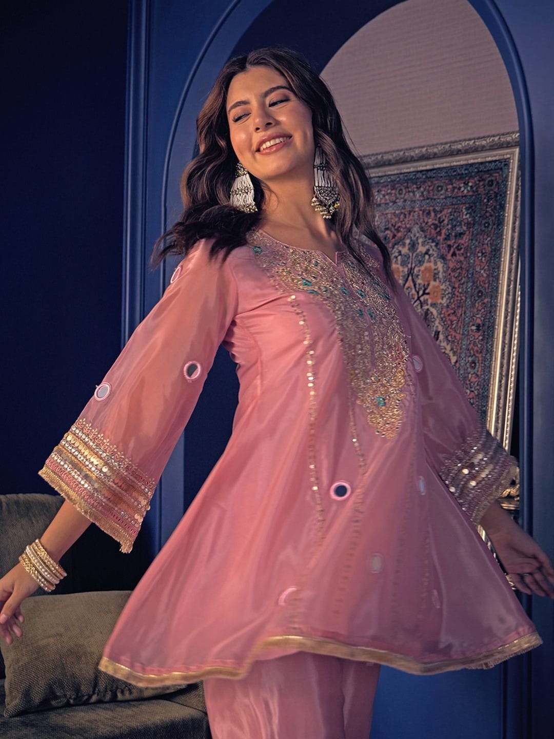 Designer Pure Silk Crepe Kurti Palazzo Set for Women SurMira Fashion
