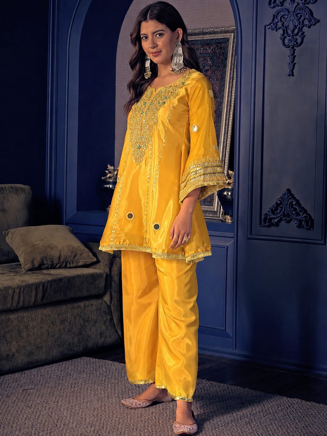 Designer Pure Silk Crepe Kurti Palazzo Set for Women SurMira Fashion