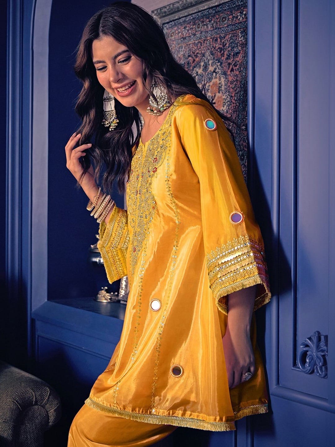 Designer Pure Silk Crepe Kurti Palazzo Set for Women SurMira Fashion
