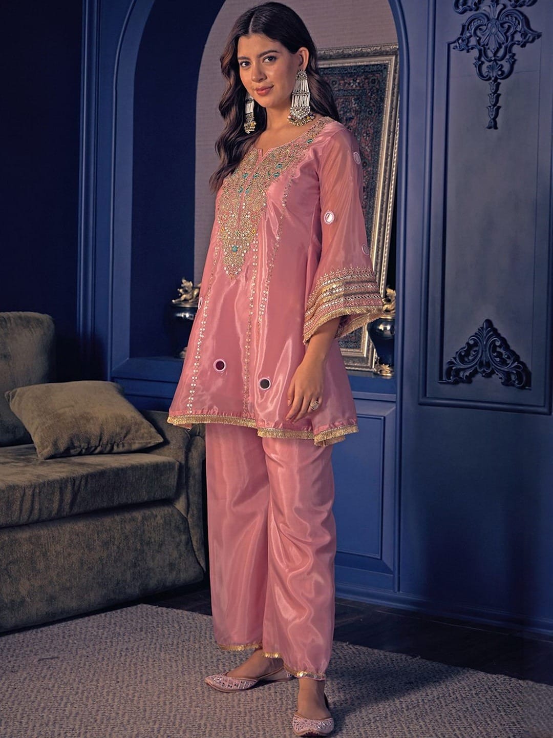 Designer Pure Silk Crepe Kurti Palazzo Set for Women SurMira Fashion