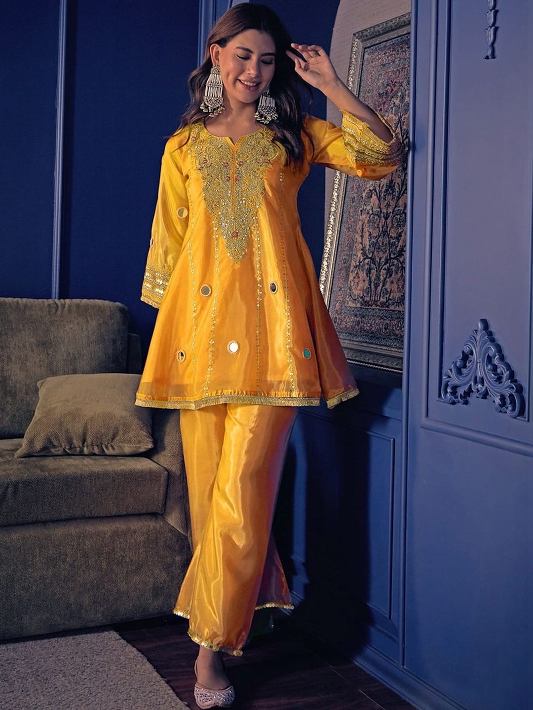 Designer Pure Silk Crepe Kurti Palazzo Set for Women SurMira Fashion