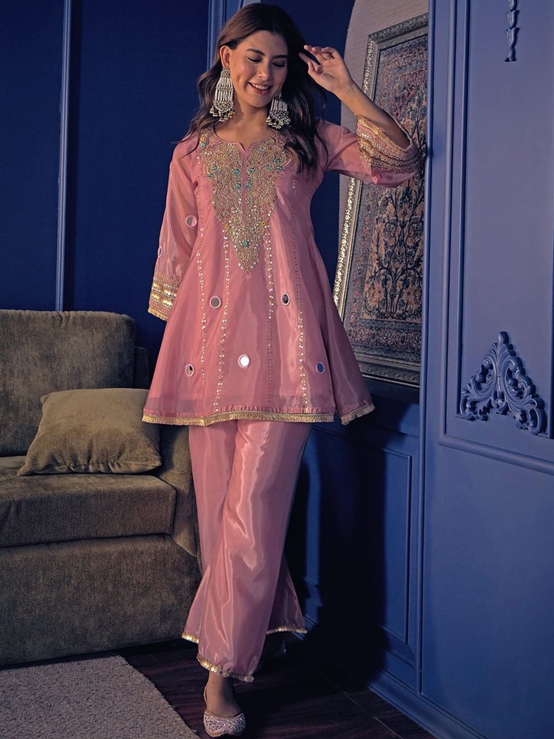 Designer Pure Silk Crepe Kurti Palazzo Set for Women SurMira Fashion