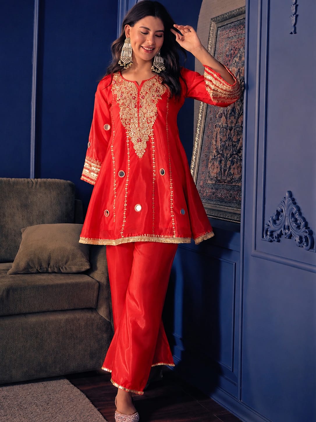 Designer Pure Silk Crepe Kurti Palazzo Set for Women SurMira Fashion
