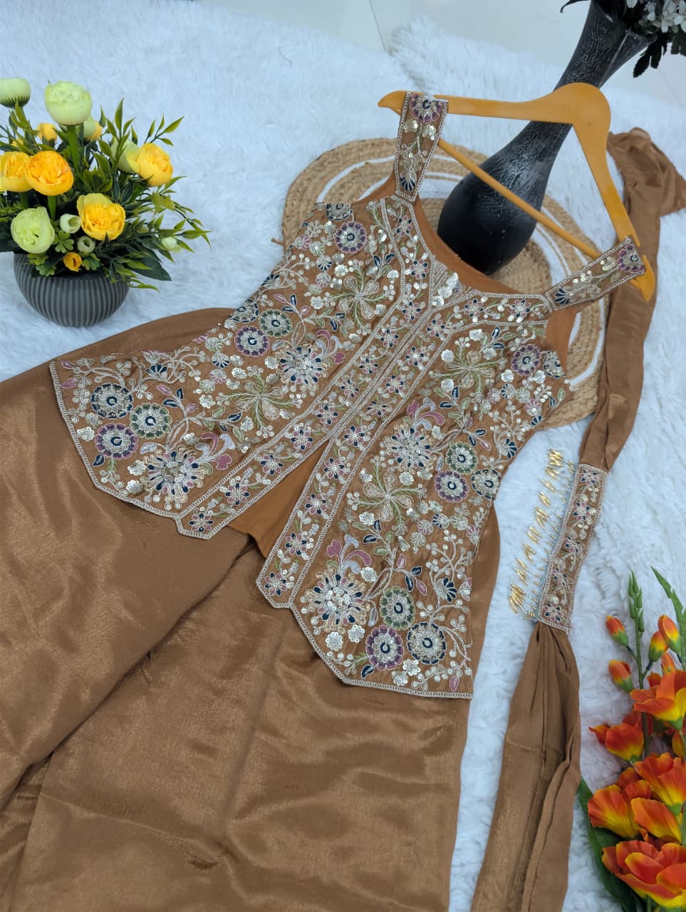 Women’s Pure Viscose Chinon Kurti Pant Set with Full Sequence Cording Embroidery SurMira Fashion