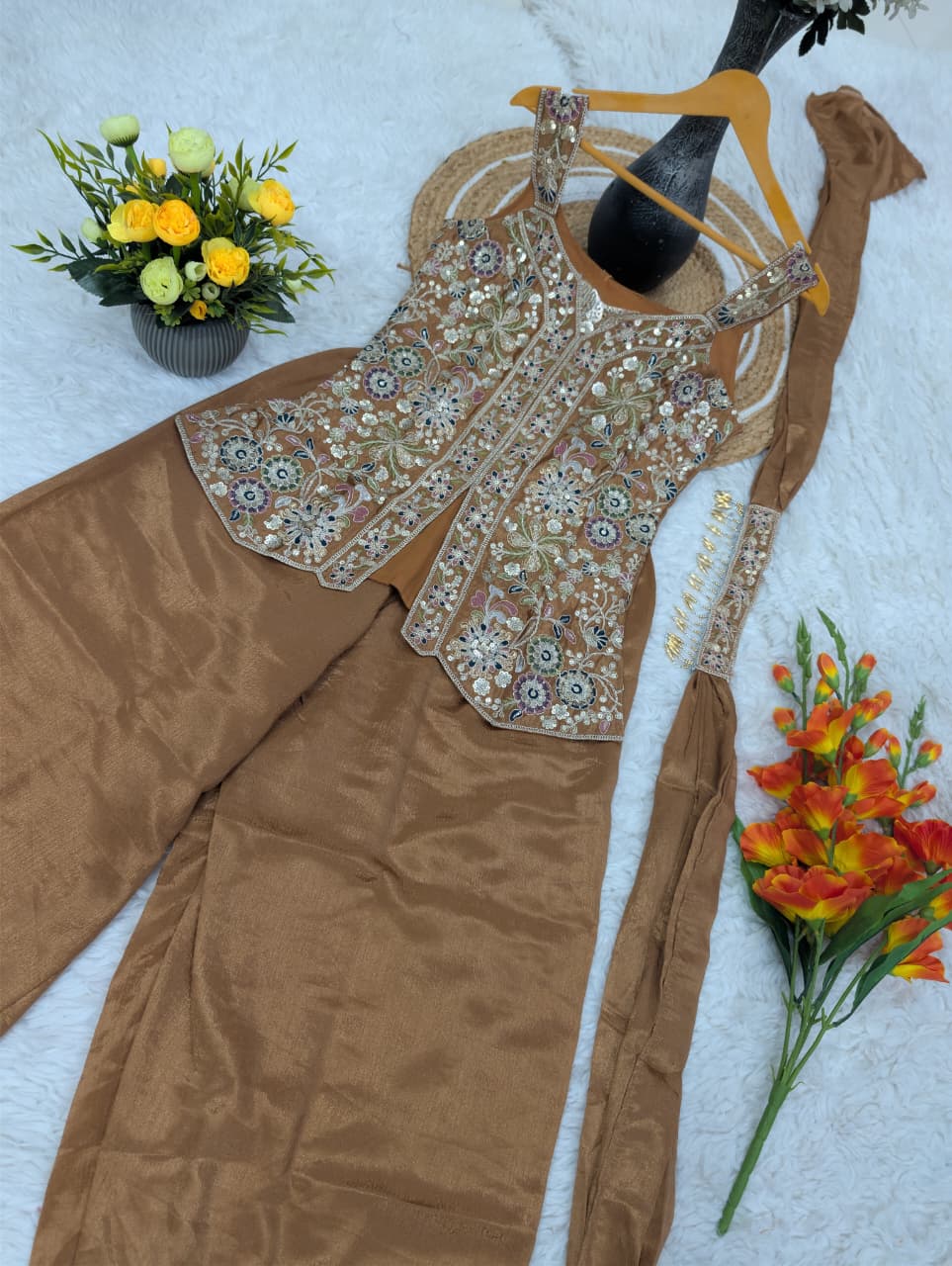 Women’s Pure Viscose Chinon Kurti Pant Set with Full Sequence Cording Embroidery SurMira Fashion