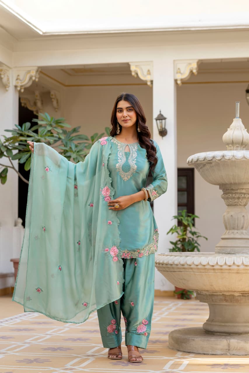 Women's Designer Japan Satin Kurti with Organza Taby Dupatta