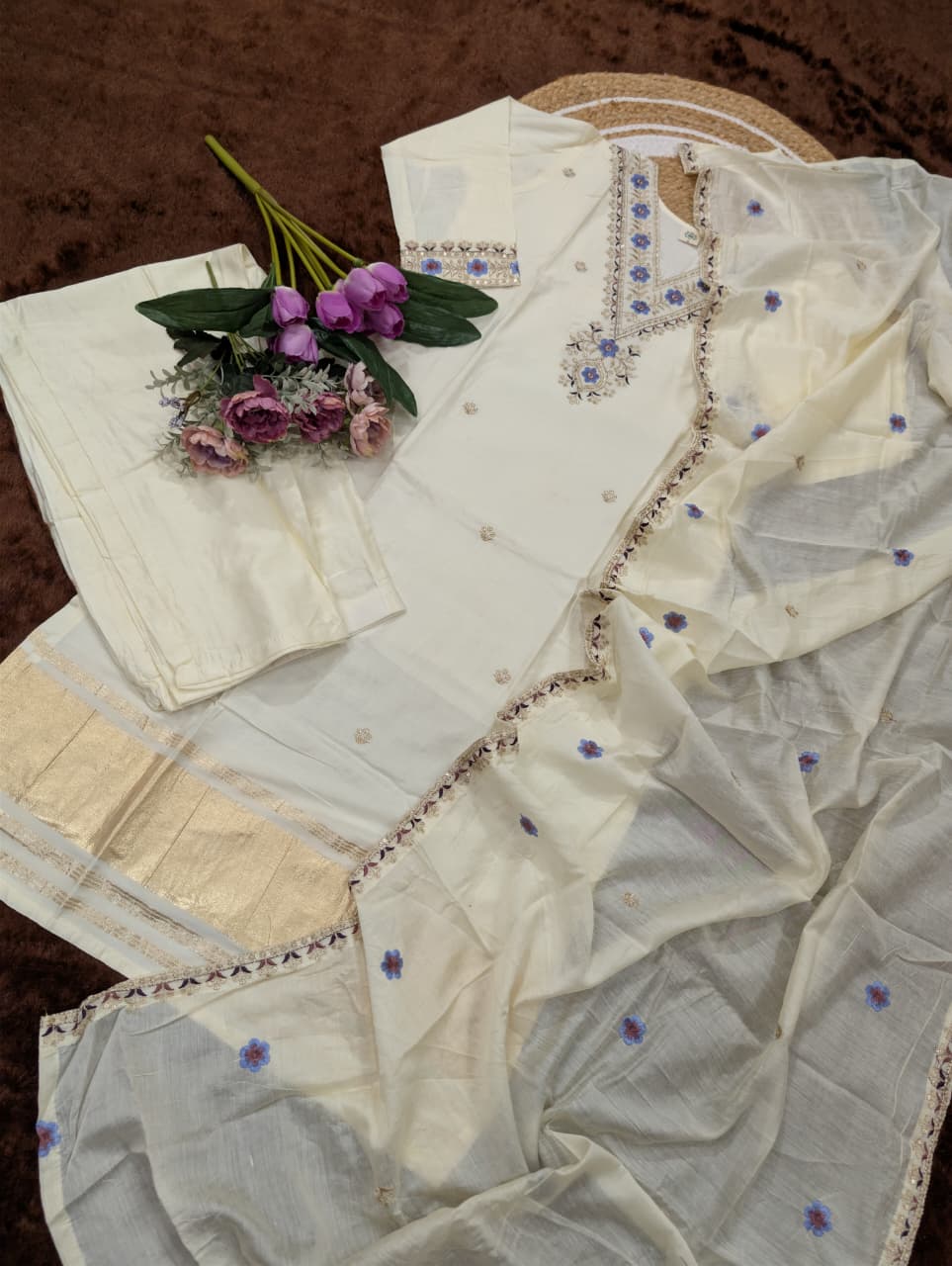 Women’s Pure Lagdi Viscose Chanderi Kurti Set with Sequence Cording Embroidery SurMira Fashion