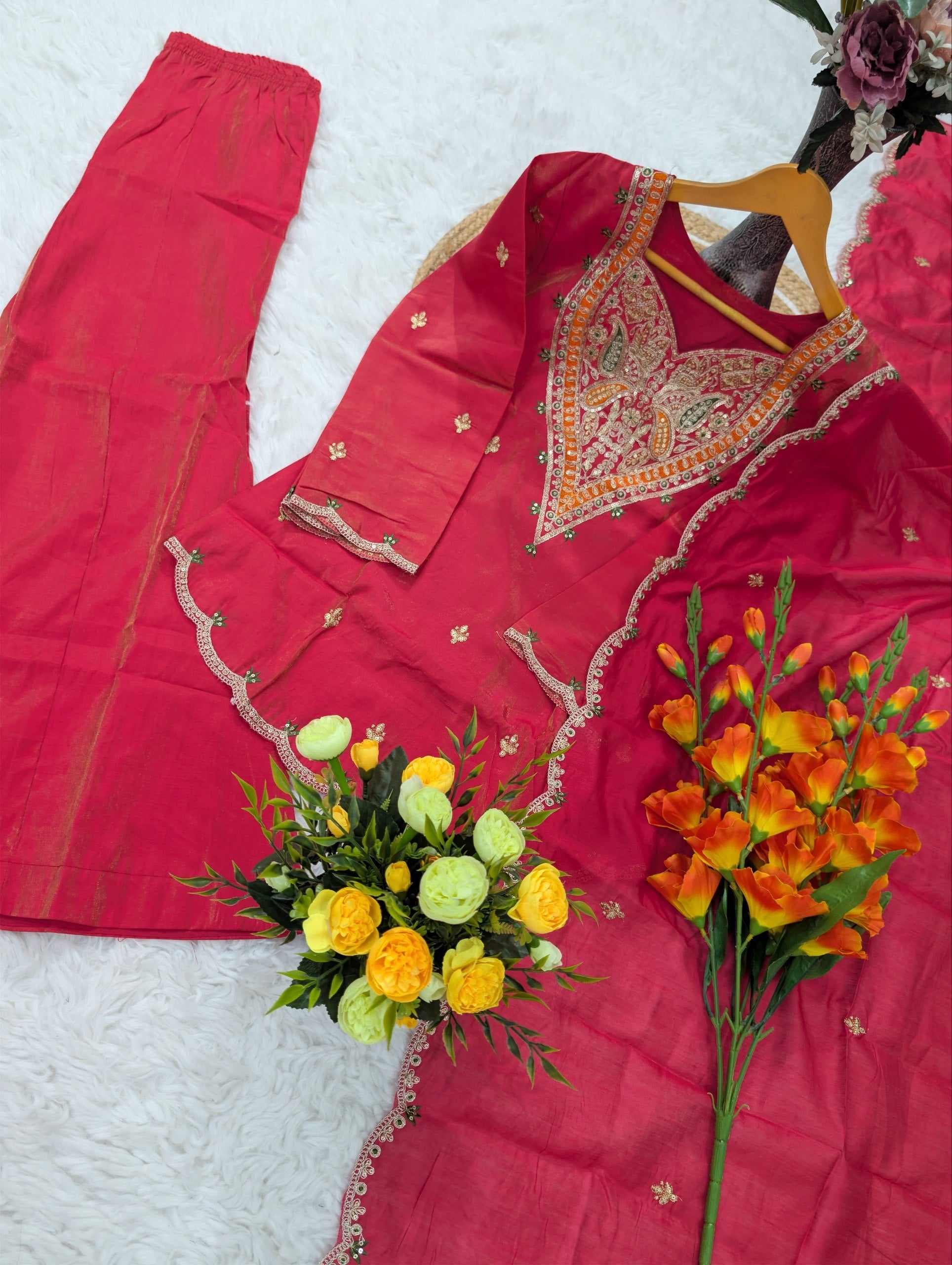 Premium Trendy Silk Kurti Set with Sequence Coding Embroidery & Chanderi Dupatta