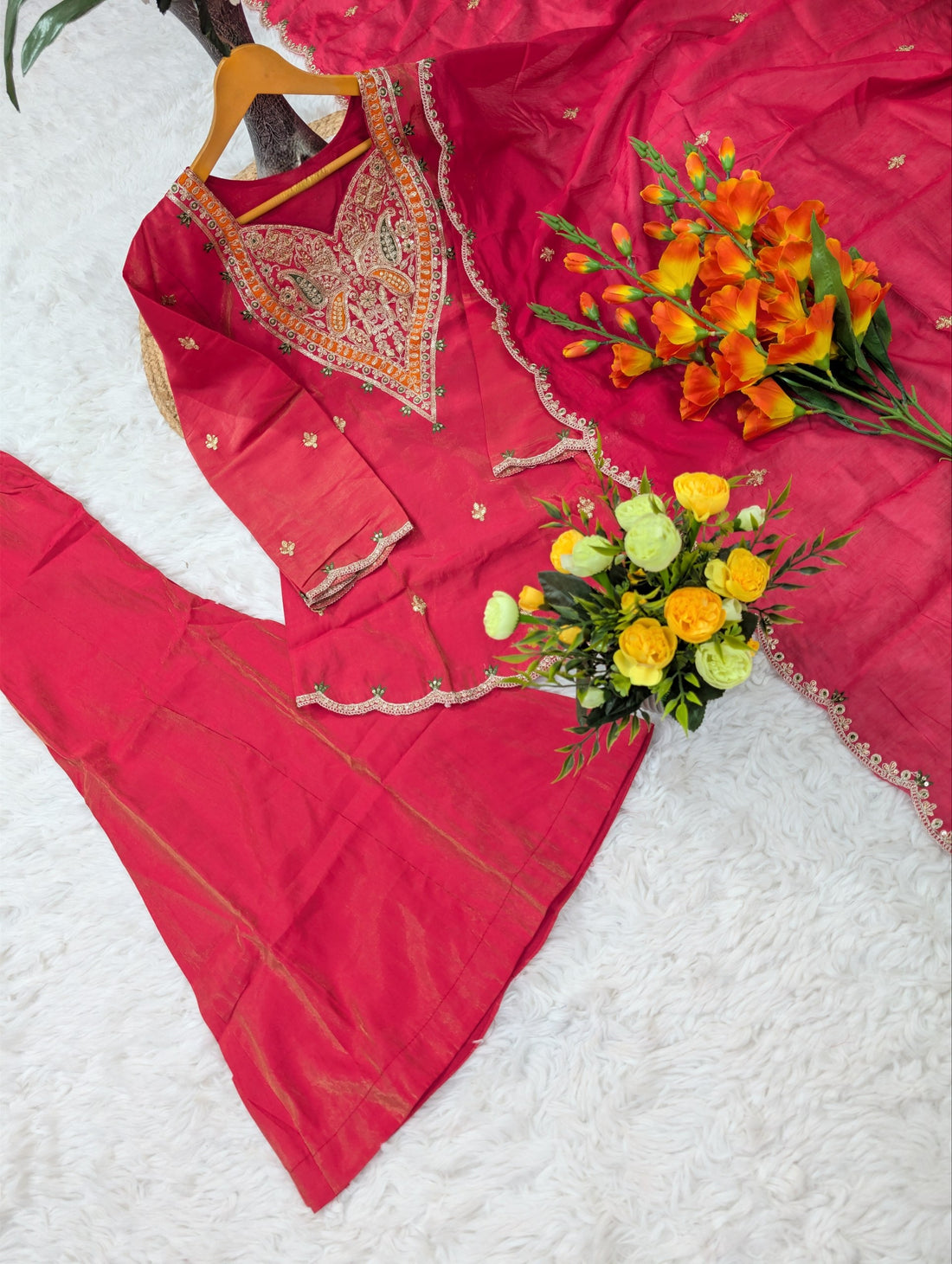 Premium Trendy Silk Kurti Set with Sequence Coding Embroidery & Chanderi Dupatta