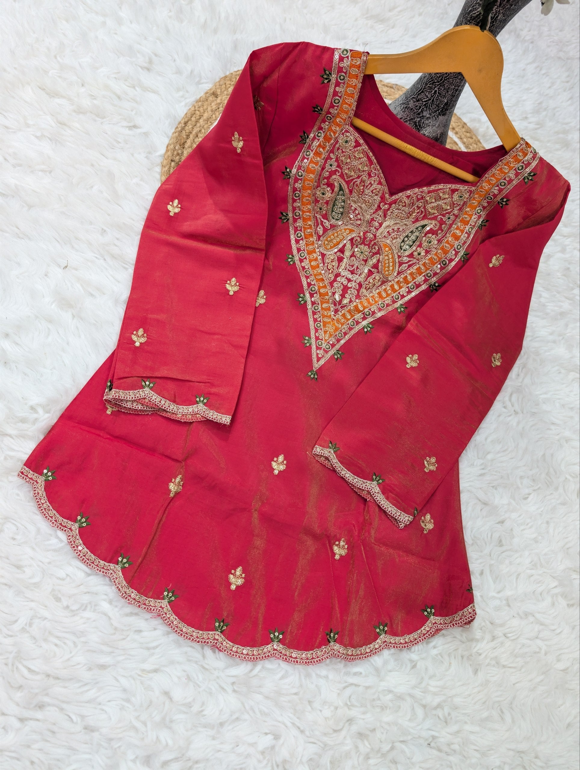 Premium Trendy Silk Kurti Set with Sequence Coding Embroidery & Chanderi Dupatta