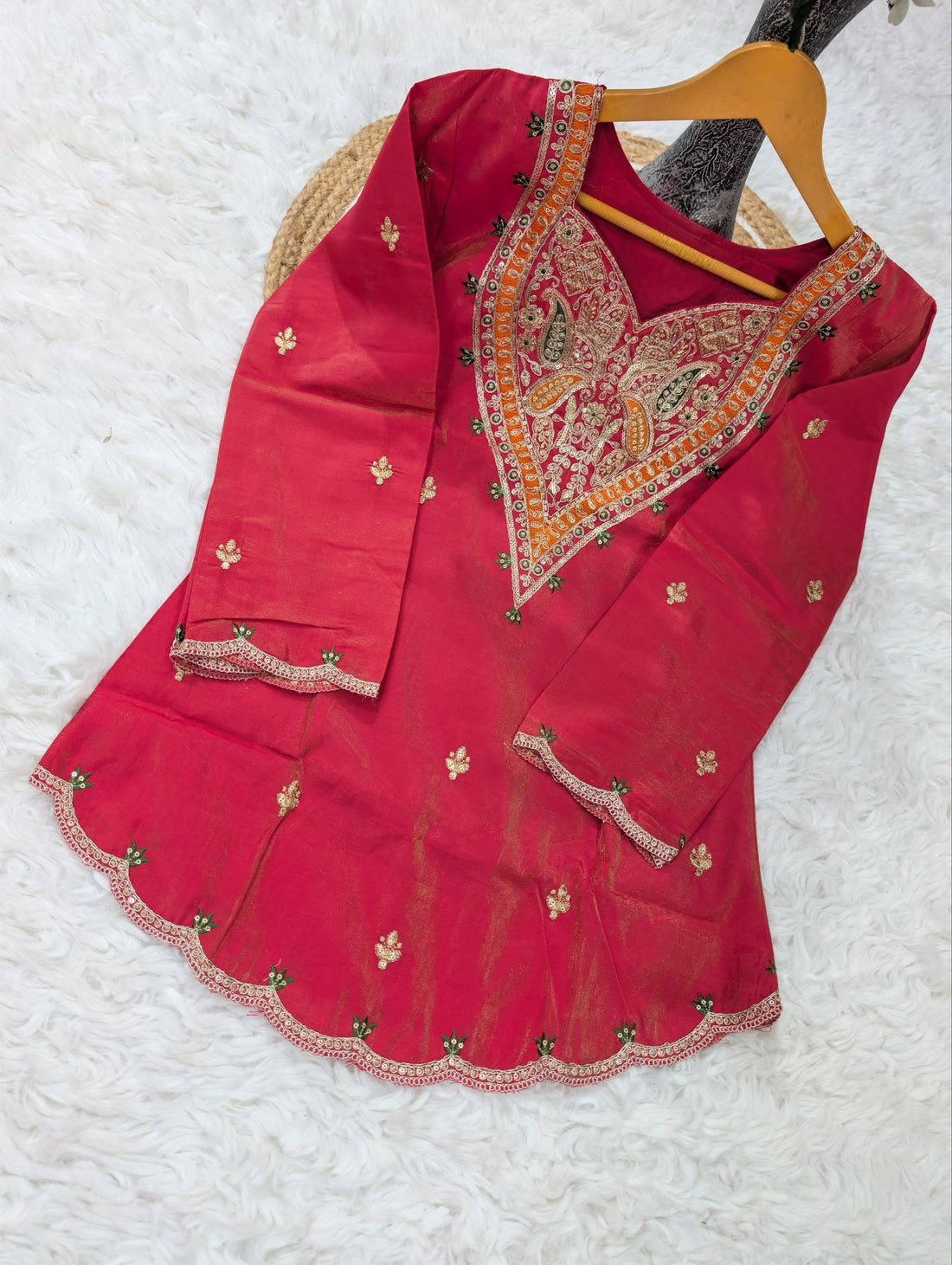Premium Trendy Silk Kurti Set with Sequence Coding Embroidery & Chanderi Dupatta
