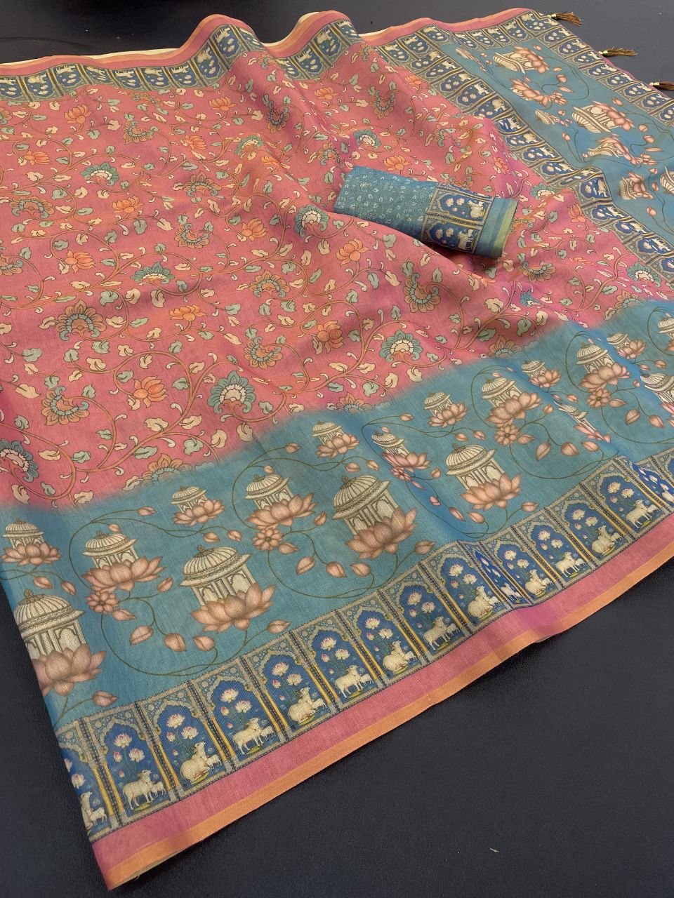 Premium Digital Print Saree with Heavy Border and Blouse Piece