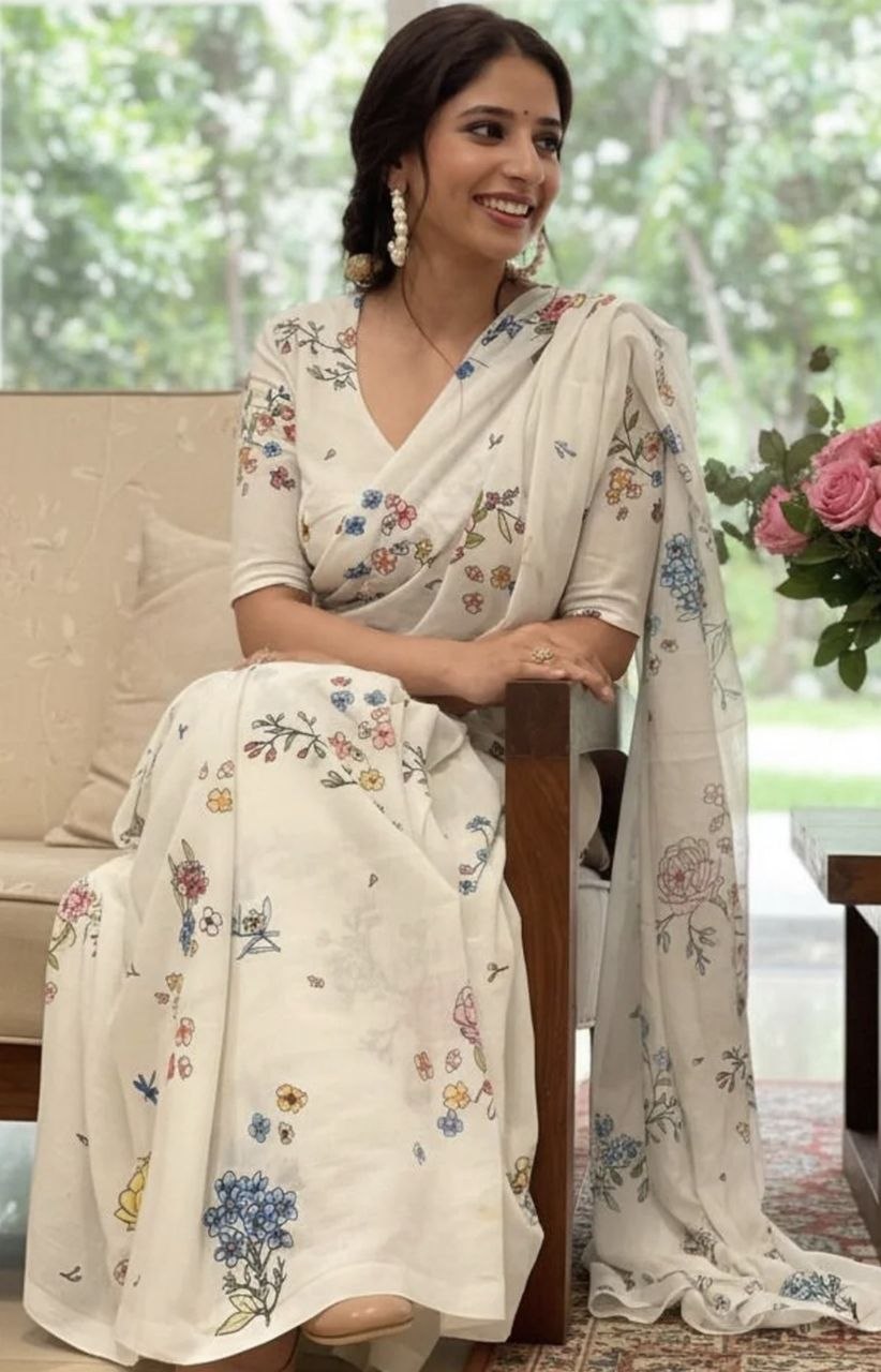 Designer Digital Print Linen Cotton Saree with Lace Border