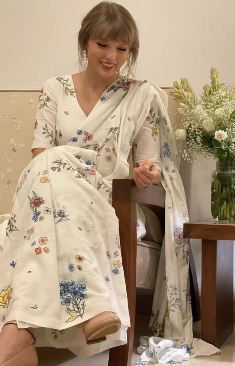 Designer Digital Print Linen Cotton Saree with Lace Border
