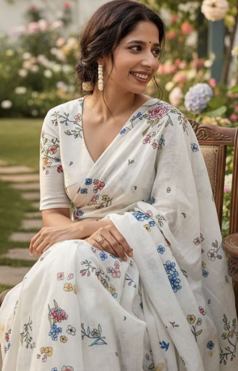 Designer Digital Print Linen Cotton Saree with Lace Border