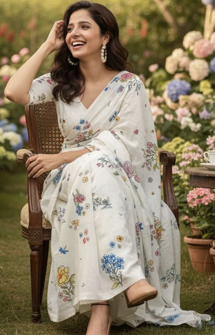Designer Digital Print Linen Cotton Saree with Lace Border
