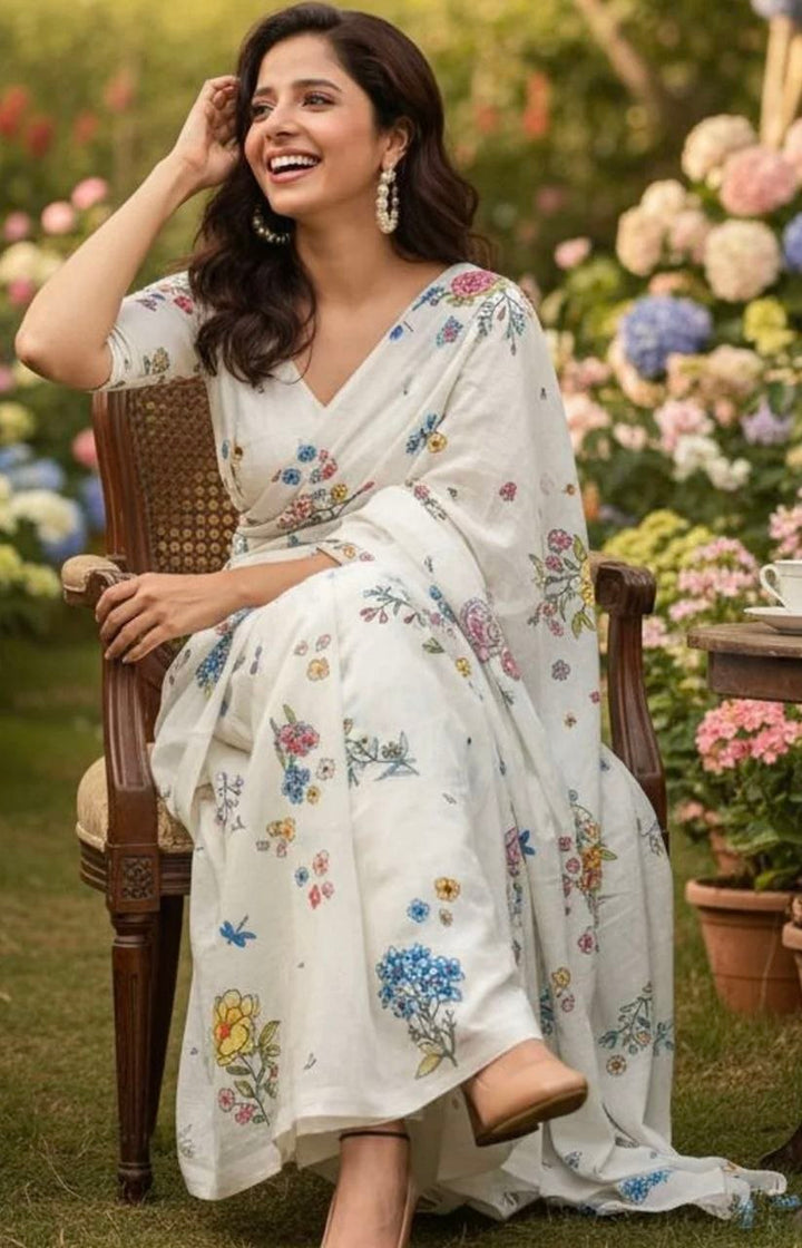 Designer Digital Print Linen Cotton Saree with Lace Border SurMira Fashion