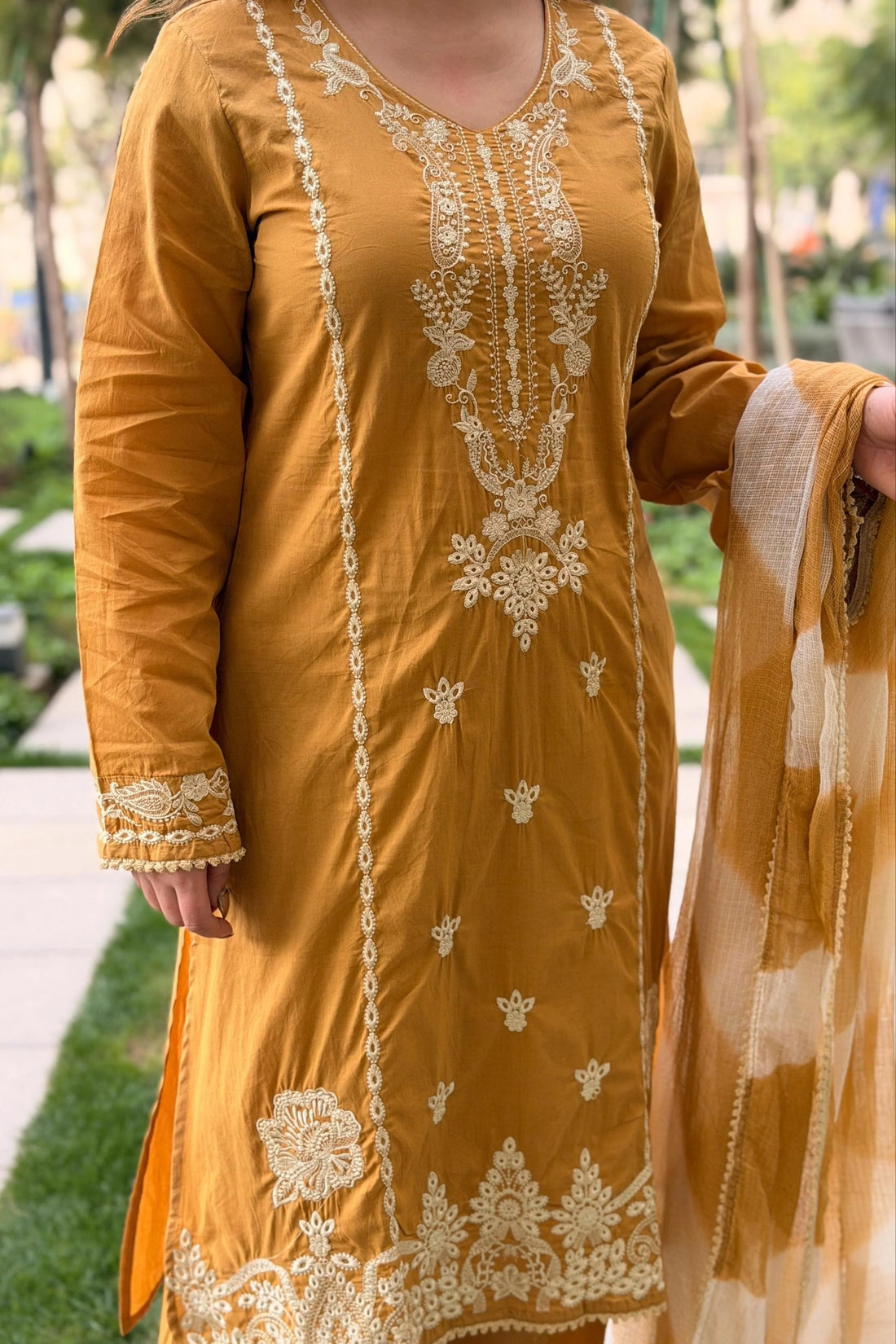 Premium Roman Silk Kurti Set with Heavy Embroidery Work & Kota Check Dupatta