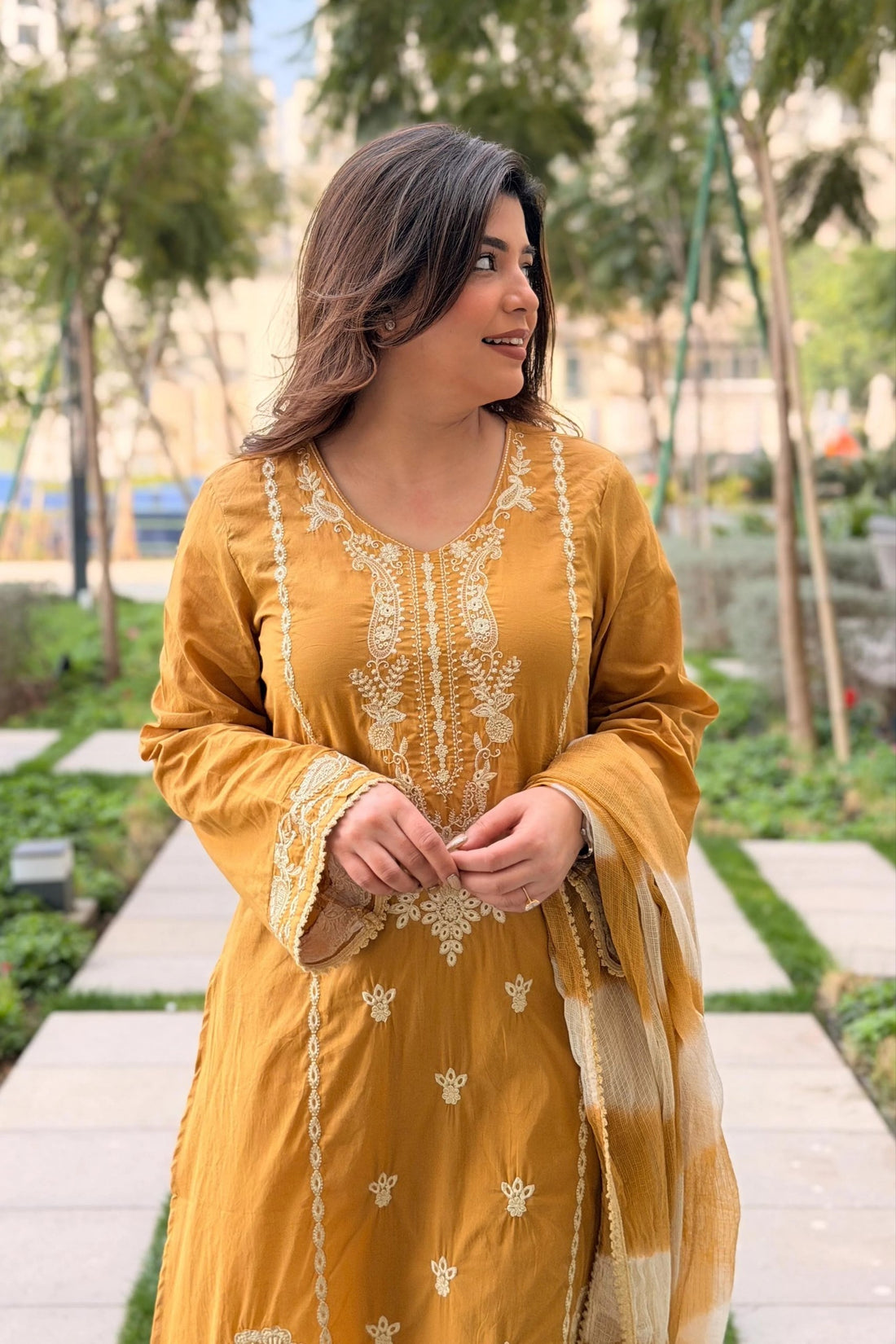 Premium Roman Silk Kurti Set with Heavy Embroidery Work & Kota Check Dupatta
