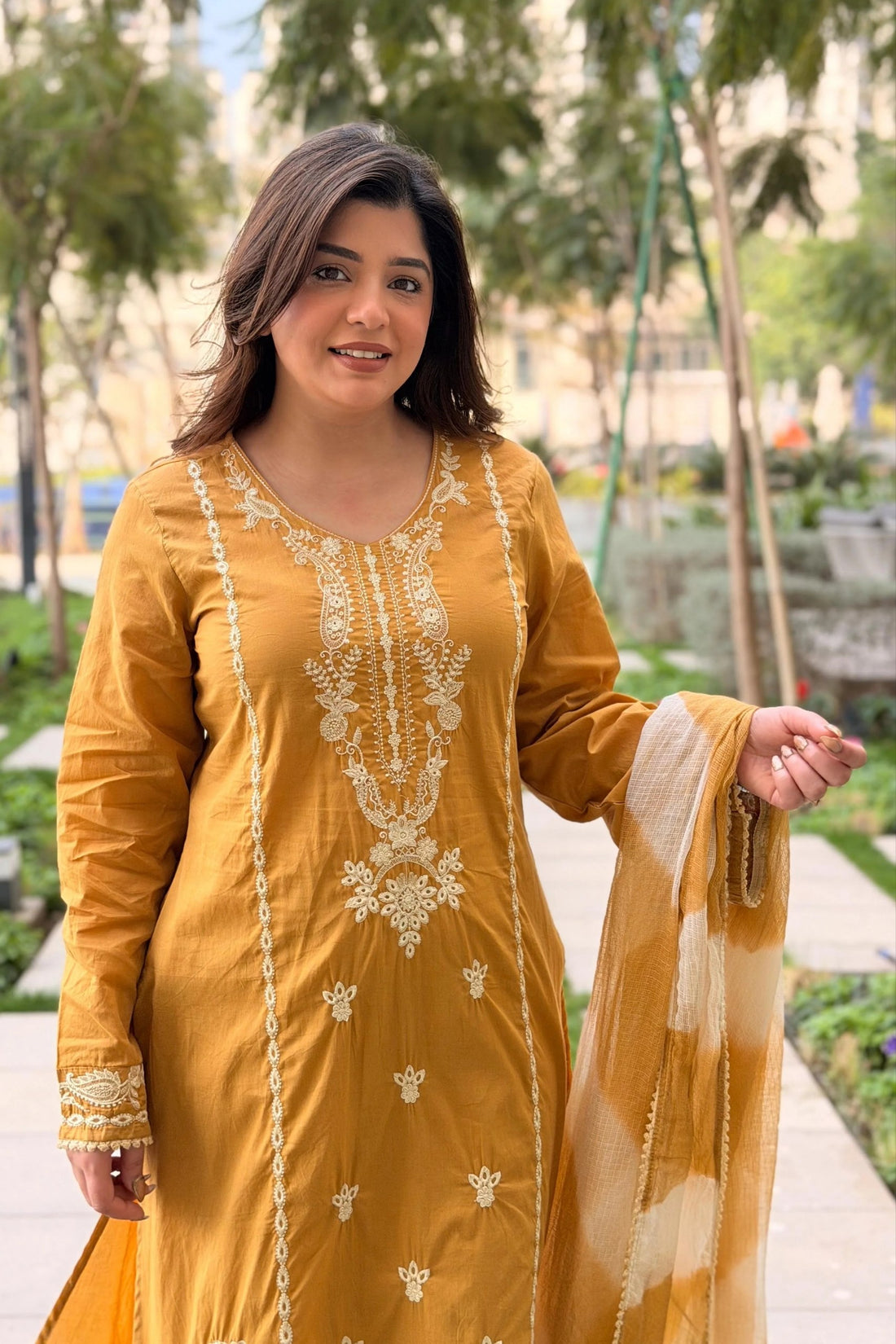 Premium Roman Silk Kurti Set with Heavy Embroidery Work & Kota Check Dupatta