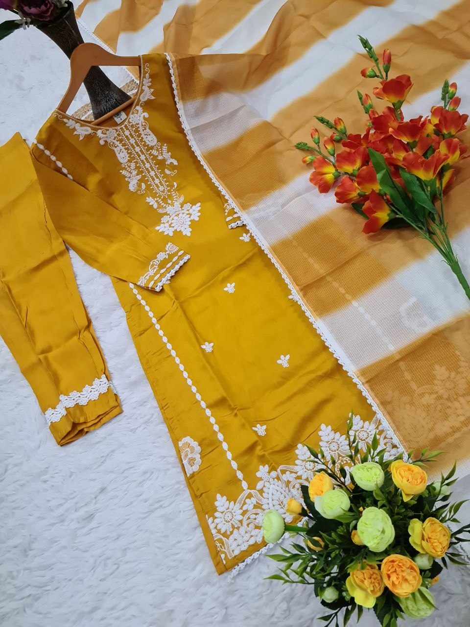 Premium Roman Silk Kurti Set with Heavy Embroidery Work & Kota Check Dupatta